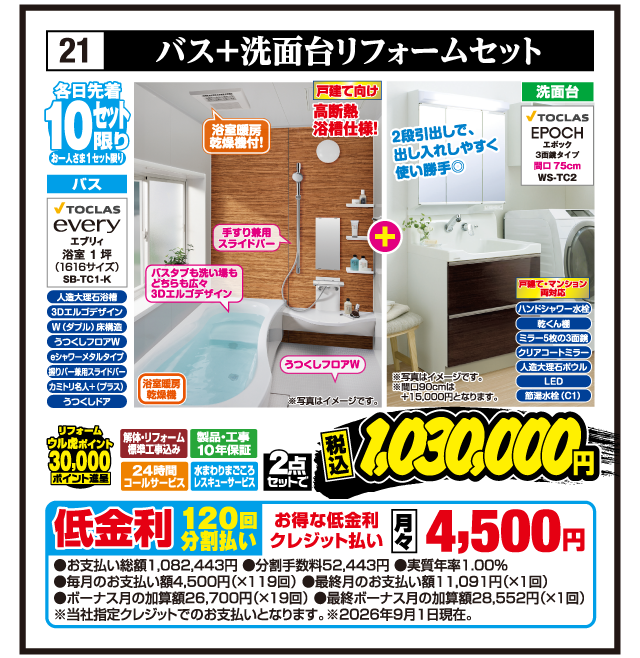 21 バス+洗面台リフォームセット 各日先着10セット限り お一人さま1セット限り バス TOCLAS every エブリィ 浴室1坪（1616サイズ） SB-TC1-K 人造大理石浴槽 3Dエルゴデザイン W（ダブル）床構造 うつくしフロアW eシャワーメタルタイプ 握りバー兼用スライドバー カミトリ名人+（プラス） うつくしドア 浴室暖房乾燥機付！ 手すり兼用スライドバー バスタブも洗い場もどちらも広々3Dエルゴデザイン うつくしフロアW 浴室暖房乾燥機 戸建て向け 高断熱浴槽仕様！ ※写真はイメージです。 洗面台 TOCLAS EPOCH エポック 3面鏡タイプ 間口75cm WS-TC2 2段引出しで、出し入れしやすく使い勝手◎ 戸建て・マンション両対応 ハンドシャワー水栓 乾くん棚 ミラー5枚の3面鏡 クリアコートミラー 人造大理石ボウル LED 節湯水栓（C1） ※写真はイメージです。※間口90cmは+15,000円となります。 リフォーム ウル虎ポイント30,000ポイント進呈 解体・リフォーム標準工事込み 製品・工事10年保証 24時間コールサービス 水まわりまごころレスキューサービス 2点セットで 税込1,030,000円 低金利120回分割払い お得な低金利クレジット払い 月々4,500円 ●お支払い総額1,082,443円 ●分割手数料52,443円 ●実質年率1.00% ●毎月のお支払い額4,500円（×119回） ●最終月のお支払い額11,091円（×1回） ●ボーナス月の加算額26,700円（×19回） ●最終ボーナス月の加算額28,552円（×1回） ※当社指定クレジットでのお支払いとなります。※2026年9月1日現在。