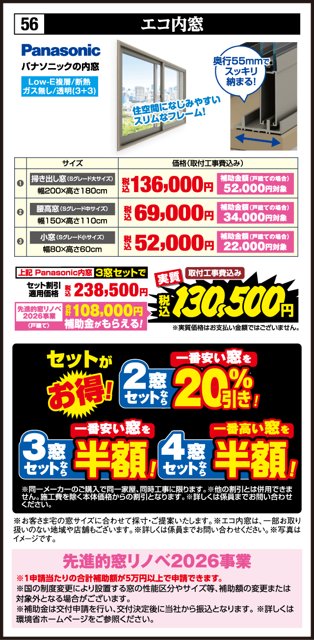 56 エコ内窓 Panasonic Low-E複層/断熱 ガス無し/透明（3+3） 奥行55mmでスッキリ納まる！ 住空間になじみやすいスリムなフレーム！ サイズ 価格（取付工事費込み） ① 掃き出し窓（Sグレード大サイズ） 幅200×高さ180cm 税込136,000円 補助金額（戸建ての場合）52,000円対象 ② 腰高窓（Sグレード中サイズ） 幅150×高さ110cm 税込69,000円 補助金額（戸建ての場合）34,000円対象 ③ 小窓（Sグレード小サイズ） 幅80×高さ60cm 税込52,000円 補助金額（戸建ての場合）22,000円対象 上記 Panasonic内窓 3窓セットで 税込238,500円 先進的窓リノベ2026事業〈戸建て〉 合計108,000円 補助金がもらえる！ 実質 取付工事費込み 税込130,500円 セットがお得！ 2窓セットなら 一番安い窓を20%引き！ 3窓セットなら 一番安い窓を半額！ 4窓セットなら 一番高い窓を半額！ ※同一メーカーのご購入で同一家屋、同時工事に限ります。※他の割引とは併用できません。施工費を除く本体価格からの割引となります。※詳しくは係員までお問い合わせください。 先進的窓リノベ2026事業 ※1申請当たりの合計補助額が5万円以上で申請できます。※国の制度変更により設置する窓の性能区分やサイズ等、補助額の変更または対象外となる場合がございます。※補助金は交付申請を行い、交付決定後に当社から振込となります。※詳しくは環境省ホームページをご参照ください。