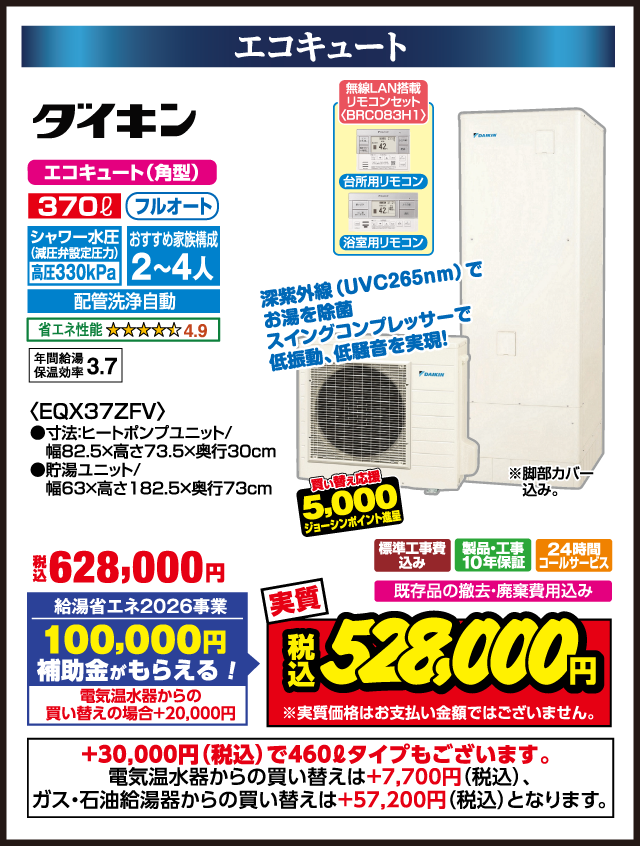 エコキュート ダイキン エコキュート（角型） 370L フルオート シャワー水圧（減圧弁設定圧力）高圧330kPa おすすめ家族構成2〜4人 配管洗浄自動 省エネ性能 ★★★★★4.9 年間給湯保温効率3.7 無線LAN搭載リモコンセット（BRC083H1） 台所用リモコン 浴室用リモコン 深紫外線（UVC265nm）でお湯を除菌 スイングコンプレッサーで低振動・低騒音を実現 税込628,000円 給湯省エネ2026事業 100,000円補助金がもらえる！ 電気温水器からの買い替えの場合＋20,000円 買い替え応援 5,000円ジョーシンポイント進呈 標準工事費込み 製品・工事10年保証 24時間コールサービス 既存品の撤去・廃棄費用込み 実質 税込528,000円 ※実質価格はお支払い金額ではございません。 EQX37ZFV 寸法 ヒートポンプユニット 幅82.5×高さ73.5×奥行30cm 貯湯ユニット 幅63×高さ182.5×奥行73cm ＋30,000円（税込）で460Lタイプもございます。 電気温水器からの買い替えは＋7,700円（税込）、ガス・石油給湯器からの買い替えは＋57,200円（税込）となります。
